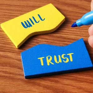 Will and trust concept represented with labeled wooden blocks